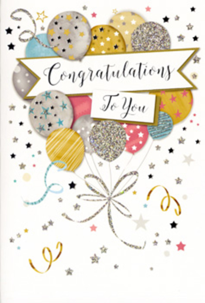 The image captures a refined congratulations card standing upright, its front cover devoted to an artful display of illustrated balloons that echo the feeling of a carefully composed celebration bouquet. In the centre, balloons in soft metallic shades of gold, silver and champagne mingle with gentle tones of dusky pink, powder blue and dove grey, their rounded shapes overlapping in a loose, natural cluster that draws the eye upward. Each balloon is embellished with its own delicate detailing-fine glitter-like specks, tiny scattered stars and subtle stripes-creating a sense of depth and texture, as though some surfaces might feel slightly raised or glossy beneath your fingertips. From the base of every balloon, narrow curling strings drift downward in swirling lines of bright gold and silver, meeting in a decorative tangle that anchors the composition, much like the tied stems of a hand-tied bouquet prepared at Mortlake Florist for delivery along the Thames. A pristine white banner sweeps gently across the middle of the cluster, carrying the message Congratulations To You in elegant, flowing script that suggests both sincerity and occasion. Around this central feature, small metallic stars, dots and ribbon curls scatter across a soft, neutral background, giving the sense of confetti or streamers frozen mid-dance, reminiscent of a quiet celebration at home near Mortlake Green or a riverside gathering at dusk. The colour palette stays light and sophisticated, with no harsh tones, evoking feelings of pride, warmth and gentle excitement-ideal for graduations, promotions, new beginnings or any cherished moment where a bouquet and thoughtfully chosen card are delivered together across Mortlake, Barnes and neighbouring streets as a complete gesture of joy.