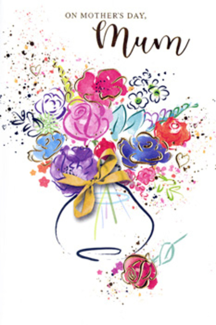 The card presents an expressive floral watercolour that feels at once artistic and deeply personal, as if painted after a slow walk past the gardens and front doors of Mortlake. In the centre, generous blossoms in cerise, magenta and warm rose pink open outwards, their shapes hinted at rather than rigidly drawn, with fluid brushstrokes edged in deep indigo and navy. Soft pools of lavender, lilac, and dusky blue bloom between the larger flowers, suggesting companion blooms and leafy shadows. Delicate filigrees of gold ink trace along select petals and stems, giving the bouquet a subtle, luminous quality, like late-afternoon sunlight catching a bouquet being wrapped in a local Mortlake florist's studio. The arrangement appears to spring from a rounded vase, lightly shaded in creamy beige and cool grey, its base finished with a graceful golden bow that evokes the final, loving touch before a bouquet is sent out across SW14. Around the main cluster, whimsical paint splatters, heart shapes and tiny strokes radiate outward, adding a feeling of joy and unfiltered emotion, as if a child's love and an adult's appreciation are both woven into the design. The white background allows each colour to sing clearly-cerise against indigo, gold against ivory-creating a sense of airiness and movement. Overall, the illustration becomes a paper bouquet: vibrant yet tender, perfectly suited to accompany fresh Mother's Day flowers delivered around Mortlake, Sheen Lane and the riverside.