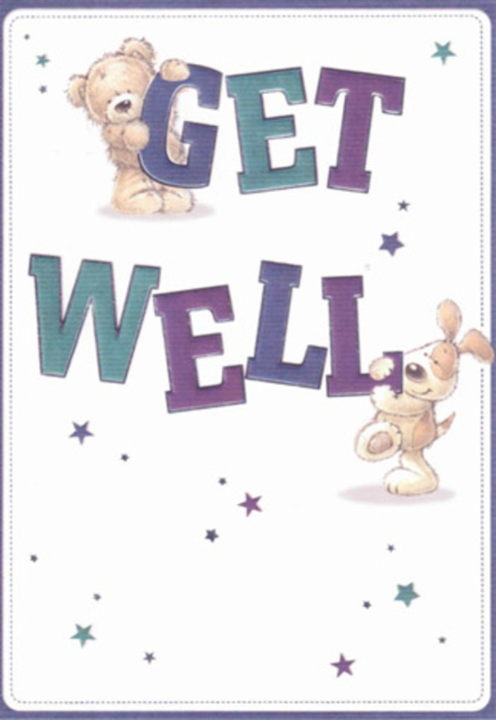 Radiating heartfelt care inspired by Mortlake's close-knit community, this illustrated get well card captures the spirit of nurturing friendship so familiar to those who know the area. The scene is set against a luminous white background, where a sweet bear and an exuberant puppy animate the bold statement of 'Get Well' with expressive, gentle features. The typeface, large and confidently shaded in amethyst and teal, anchors the card's optimistic energy, while tiny starbursts-rendered in shifts from indigo to aquamarine-float playfully throughout, hinting at magic and the steadfast hope carried by well-wishers. There's a soft, nearly tangible texture to the depiction: the bear seems fluffy as a new bloom, and the puppy's velvety ears suggest the cherished comfort of a beloved companion. Echoing the thoughtful arrangement of a fresh bouquet from Mortlake Florist, each detail is imbued with intention to brighten a neighbor's day. Imagine sending this alongside flowers chosen for recovery: together, they impart a truly gentle encouragement, tailor-made for lifting someone's spirits either at home or in care along the winding lanes near Sheen Common. The overall mood is that of a warm embrace-a blend of cheer and sincerity, as welcoming as the riverside community itself.