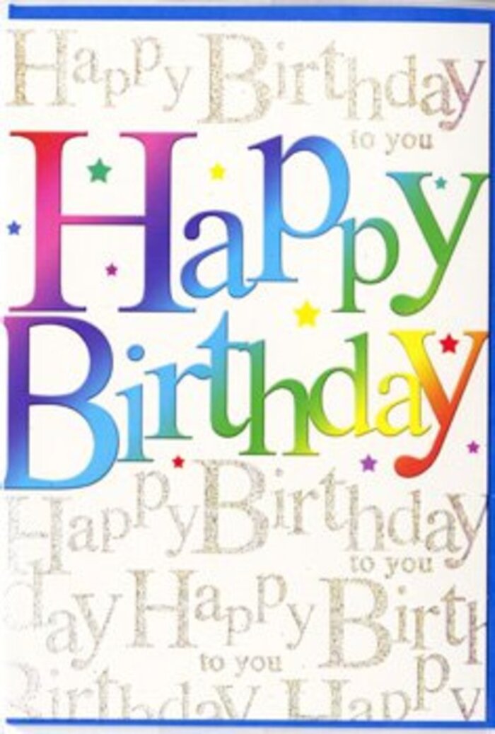 This image focuses closely on a modern birthday greeting card whose design combines playful exuberance with a quietly elegant backdrop, much like a well-planned celebration in one of Mortlake's cosy riverside homes. Dominating the centre is the phrase Happy Birthday, written in large, rounded capital letters that appear almost three-dimensional against the soft background. Each letter holds its own hue, creating a smooth, continuous rainbow that begins with a deep, inviting red, moves through tangerine, sunflower yellow, leaf green, sea-blue, and into a rich violet, with subtle blending where the colours meet. The effect is joyful without feeling chaotic, as though a strip of festive bunting has been transformed into text. Lightly scattered around the lettering, tiny star motifs and dots in coordinating colours add a sense of motion, like cheerful sparks drifting from a birthday candle just blown out. The background is a gentle, creamy white, overlaid with looping, cursive script rendered in fine gold ink, repeating Happy Birthday to you in evenly spaced lines. The writing is delicate, more like a whispered chorus than a competing message, and the metallic finish catches light in a way that feels akin to late-afternoon sun glancing off the shop windows along Sheen Lane. The card's surface looks smooth and slightly lustrous, suggesting a quality finish that would feel pleasant and substantial in the hand. Everything about the composition-from the clean edges to the carefully layered type-conveys a thoughtful intention, making it a fitting companion to a hand-tied bouquet collected from Mortlake Florist for same-day birthday surprises around the area.