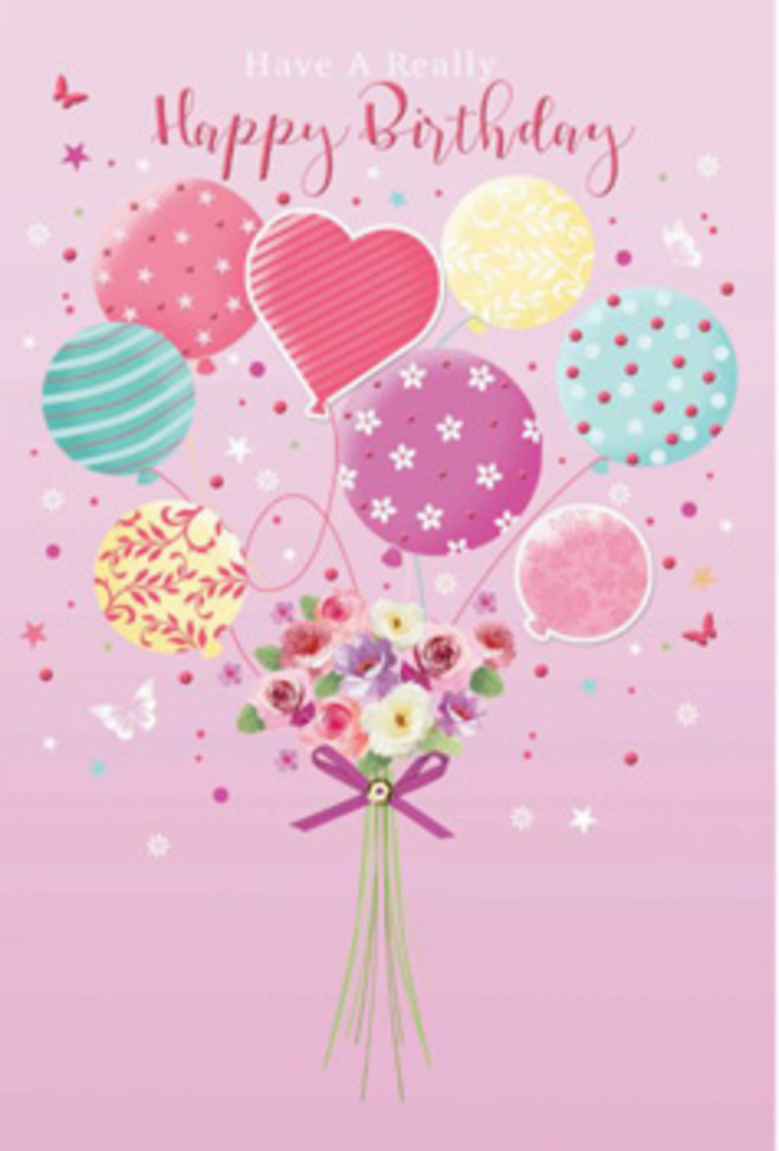 In this softly radiant birthday scene, a bouquet of balloons and flowers seems to hover in mid-air, as if just released from a celebration in a cosy Mortlake home. The background is a velvety pastel pink, smooth and warm, providing a gentle canvas that lets each detail shine. Rising from the base is a cluster of balloons in harmonious shades of blush rose, pale sunshine yellow, cool seafoam, and lavender, their surfaces smooth and gently reflective. Every balloon carries its own playful decoration - candy-striped bands that curve around the form, scattered polka dots that appear to dance, delicate floral prints, and a sweet heart-shaped balloon at the centre that suggests love and gratitude for the birthday person. Where the fine strings meet, a hand-tied bouquet of fresh flowers blossoms outward. Petite roses and daisy-like blooms are arranged closely together, their petals softly ruffled, with colours that echo the balloons above: creamy whites, soft pinks, and dusty mauves. One can almost imagine a light, fresh scent drifting as if from a nearby garden off Sheen Lane. The stems are gathered with a shimmering purple ribbon bow, tied with the kind of care you might expect from a skilled local florist preparing a doorstep surprise along the roads near Mortlake Green. Tiny stars and whimsical butterflies float around the arrangement, enhancing the impression of weightlessness and joy. The overall mood is one of gentle jubilation - a birthday greeting that feels tender, artistic, and thoughtfully composed to brighten someone's special day in this riverside neighbourhood.