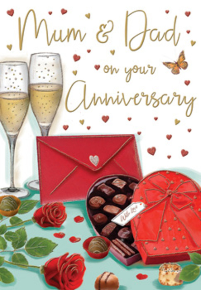 Luxurious anniversary card design for parents, illustrated in a way that feels both classic and homely, as if it were waiting on a side table in a Mortlake dining room. The scene opens with a carefully arranged still life: two red roses placed diagonally across the lower part of the card, their petals plush and layered, each bloom a deep ruby colour with subtle shifts to lighter scarlet where the light touches. Around them, fresh green leaves curve and fan out, giving the impression of a florist's hand-tied selection, the kind you might pick up from a trusted shop just off Mortlake High Street. Resting close by is a heart-shaped box of chocolates, the lid partly opened to show a tempting mix of pralines and caramels, each nestled securely in a dark liner. A wide red bow crowns the box, its satin ribbon gathered into full loops and trailing ends that drape gracefully. Behind this, two champagne flutes rise in unison, filled with pale, effervescent wine; delicate bubbles rise in tiny strings, catching reflections as though a soft lamplight glows from somewhere in the room. Around the glasses and chocolates, delicate gold and crimson hearts float in different sizes, suggesting movement and a light, celebratory mood. The hand-lettered dedication to Mum & Dad is integrated into this shower of hearts, written in a warm, personal style that echoes a family card exchanged year after year. A rich red envelope lies in the foreground, its pointed flap sealed, angled so that the viewer senses the promise of loving words within. The shimmery highlights on glass, the soft sheen of ribbon, and the rich saturation of reds and golds all create a sense of gentle opulence. It feels like the quiet moment just before an anniversary toast in Mortlake, where roses, chocolates, and champagne come together in an intimate tribute to shared decades of love and companionship.