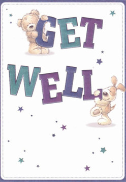 This charming get well card, so reminiscent of the comforting touch one finds at a trusted local Mortlake florist, brings together innocence and hope in a heartwarming design. Against a fresh white backdrop, a cuddly bear clings joyfully to the top of the vibrant 'GET' while an eager puppy nestles below, both their faces alight with expressions of affection and optimism. The playful texts in saturated teal and purples immediately draw the eye, much like vibrant blooms set against the lush greenery of Mortlake's parks. Scattered starbursts shimmer around the pair, evoking the gentle sparkle of promise one feels during an early evening walk along the Thames riverside. The artists' nuanced attention to the plush fur and velvety ears offers a sense of gentle tactile comfort, much like a familiar hug. As a florist in Mortlake, arranging each element of a get well bouquet with intention and care, I see that same nurturing artistry in every line of this design. The card's cheerful whimsy and genuine warmth make it an ideal token for sending encouragement and heartfelt wishes-whether nestled amongst fresh stems headed for a home on Lower Richmond Road or slipped into the hands of someone needing a little extra light.