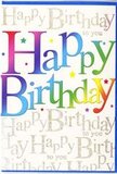 The photograph shows a joyful birthday card propped upright, its face turned directly toward the viewer so that the design feels immediate and welcoming, much like being greeted at the door by friends ready to celebrate in Mortlake. The central feature is the large Happy Birthday message, written in bold, friendly letters that sweep across the card with a confident, slightly curved line. Each letter is filled with a different shade drawn from the full spectrum, beginning with a deep cherry red, then moving through warm orange, golden yellow, fresh spring green, teal, sky blue, and ending in a mellow violet. The colours bleed gently into one another, giving the sense of a soft gradient, like a sunset viewed from near Mortlake Green, yet they retain clear boundaries so the words remain distinct and easy to read. Sprinkled around the message are small, bright stars and flecks of colour that look like tiny pieces of confetti suspended in the air. Behind this vivid foreground, the background is washed with a repeating line of elegant calligraphy, the words Happy Birthday to you written in fine, looping gold script. The metallic ink doesn't dominate; instead it shimmers quietly, visible when the card catches the light, a bit like reflections on the Thames on a calm evening. The card's cardstock appears smooth with a slight sheen, suggesting a refined, high-quality finish that would pair beautifully with fresh flowers arriving for a birthday delivery in the local neighbourhood. Overall, the design radiates lively warmth and genuine good wishes, turning a simple birthday message into something that feels festive and memorable.