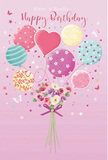 A whimsical birthday design unfolds against a soft pink background, where balloons and blooms seem to drift together as lightly as a breeze along the Thames in Mortlake. At the top, a loose cluster of pastel balloons rises, each orb beautifully shaded in blush pink, mint, lavender, and lemony yellow, their surfaces catching an imagined light like polished satin. Some balloons are wrapped with curling stripes, others are sprinkled with playful polka dots, and at the centre a heart-shaped balloon quietly takes focus, symbolising affection and warm birthday wishes. All of the strings gather at the base into a charming hand-tied bouquet of fresh flowers. Here, petite roses and daisy-like blossoms nestle tightly together in a palette of creamy ivory, pale rose, and soft mauve, their petals delicately layered and almost touchable. The stems are finished with a lustrous violet bow, carefully knotted in the manner of a florist who loves small details, much like the thoughtful birthday gifts delivered around Mortlake High Street and the nearby leafy streets. Scattered stars and little butterflies hover around the composition, adding to the sense of celebration and almost storybook magic. The lighting feels gentle and even, giving the petals a natural glow while the balloons shine softly. Overall, the image conveys a sweet, airy joy - the sort of birthday greeting that would make someone feel cherished, as though this floating bouquet had been created just for them in their own corner of Mortlake.