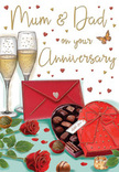 Warm, romantic anniversary card illustration capturing a moment that feels right at home in Mortlake, ideal for celebrating Mum and Dad. The composition centres on a pair of tall champagne flutes, placed close together as though they are leaning in toward each other, filled with a pale golden drink fizzing with fine bubbles that drift upwards in sparkling trails. Just in front sits a heart-shaped chocolate box, perfectly gift-wrapped with a wide, vivid red bow whose loops and tails are drawn with soft, satiny texture. The lid is slightly open, revealing rows of carefully arranged chocolates, each one distinct in shape and shade, from milk to dark brown, suggesting different fillings ready to be shared. To one side, two luxurious red roses lie gracefully along the tabletop, their petals rich and velvety, layered so thickly that you can almost feel their softness. Deep green leaves cradle the blooms, echoing the kind of fresh stems you might see conditioning in buckets at a local Mortlake florist's studio. Scattered above and around these elements are tiny hearts in gold and crimson, dancing across the card and framing the hand-written Mum & Dad message, which sits proudly at the centre of the design. In the foreground, a scarlet envelope adds a vivid splash of colour, its surface smooth and inviting, hinting at an affectionate, handwritten note inside. The overall colour palette glows with reds, golds, and warm neutrals, giving the impression of soft evening light, perhaps after a leisurely walk along the nearby Thames. The scene feels intimate, cosy, and joyful, like the kind of anniversary evening where the champagne is chilled, the chocolates are shared slowly, and the simple beauty of roses and kind words becomes the heart of the celebration.